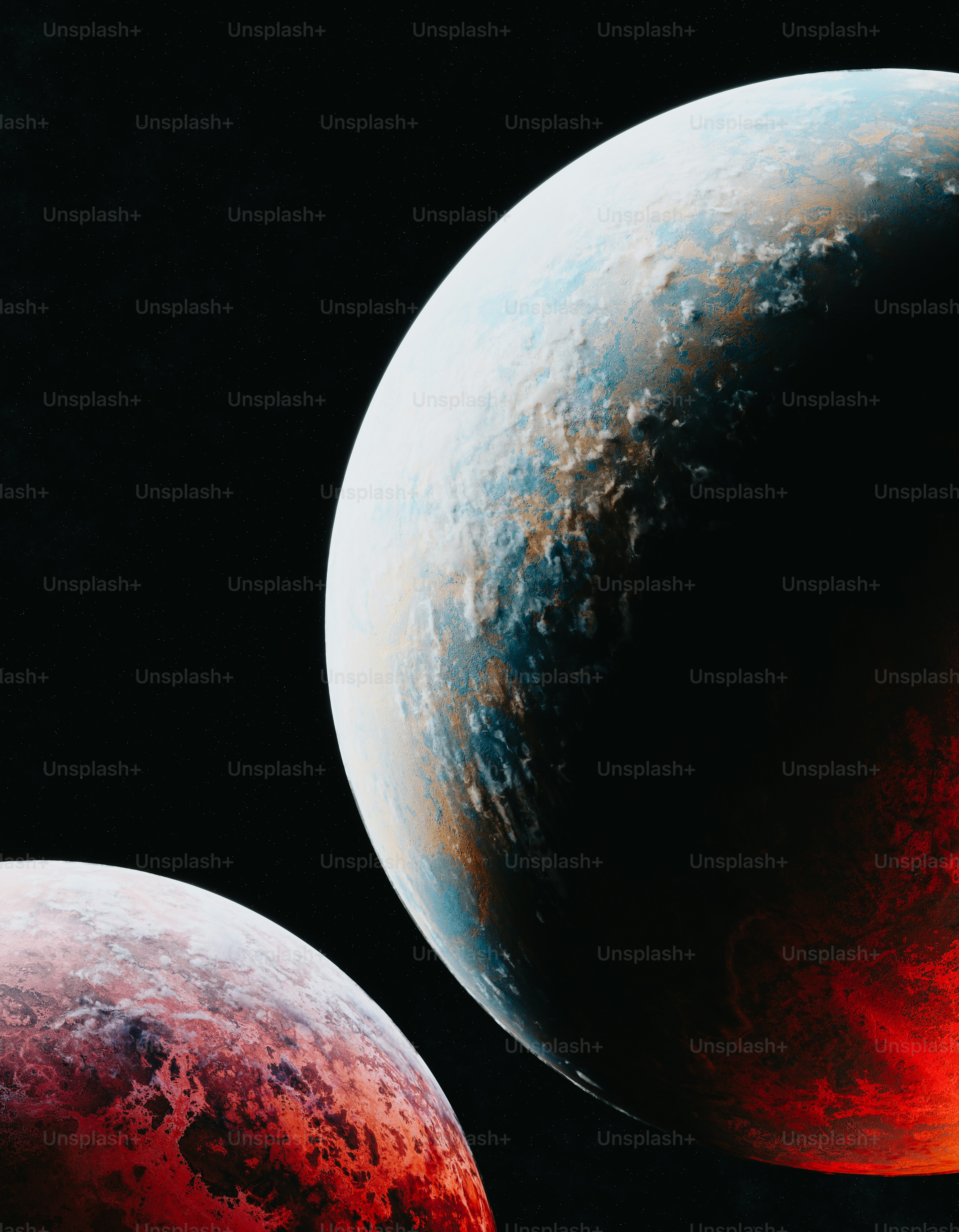 two red and blue planets in the dark sky