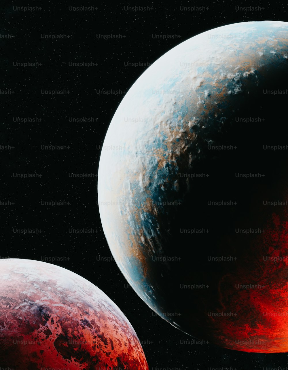 Dos planetas rojos y azules en el cielo oscuro