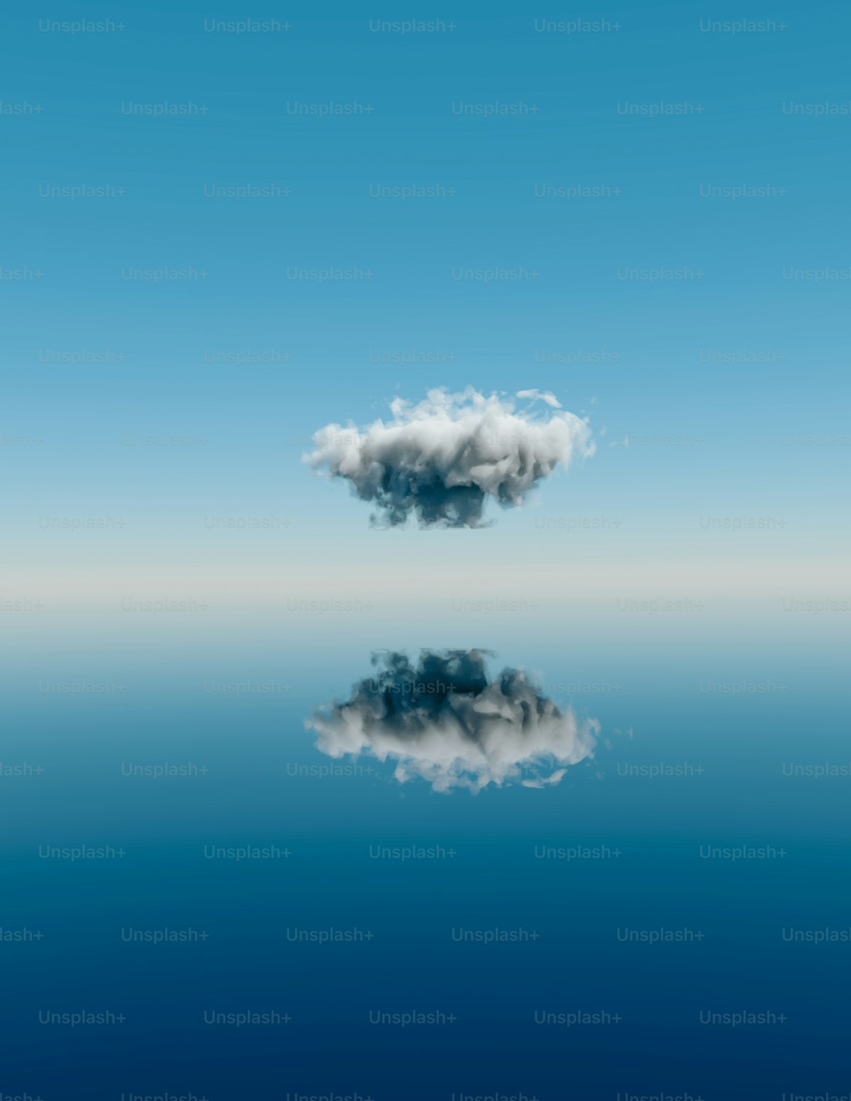 Solitary cloud floating in the sky over a body of water, the step-back-and-look register