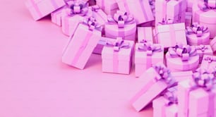 Una pila di regali incartati rosa su uno sfondo rosa