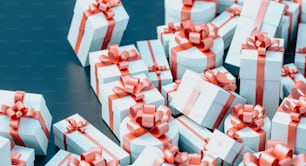a pile of white and red wrapped gift boxes