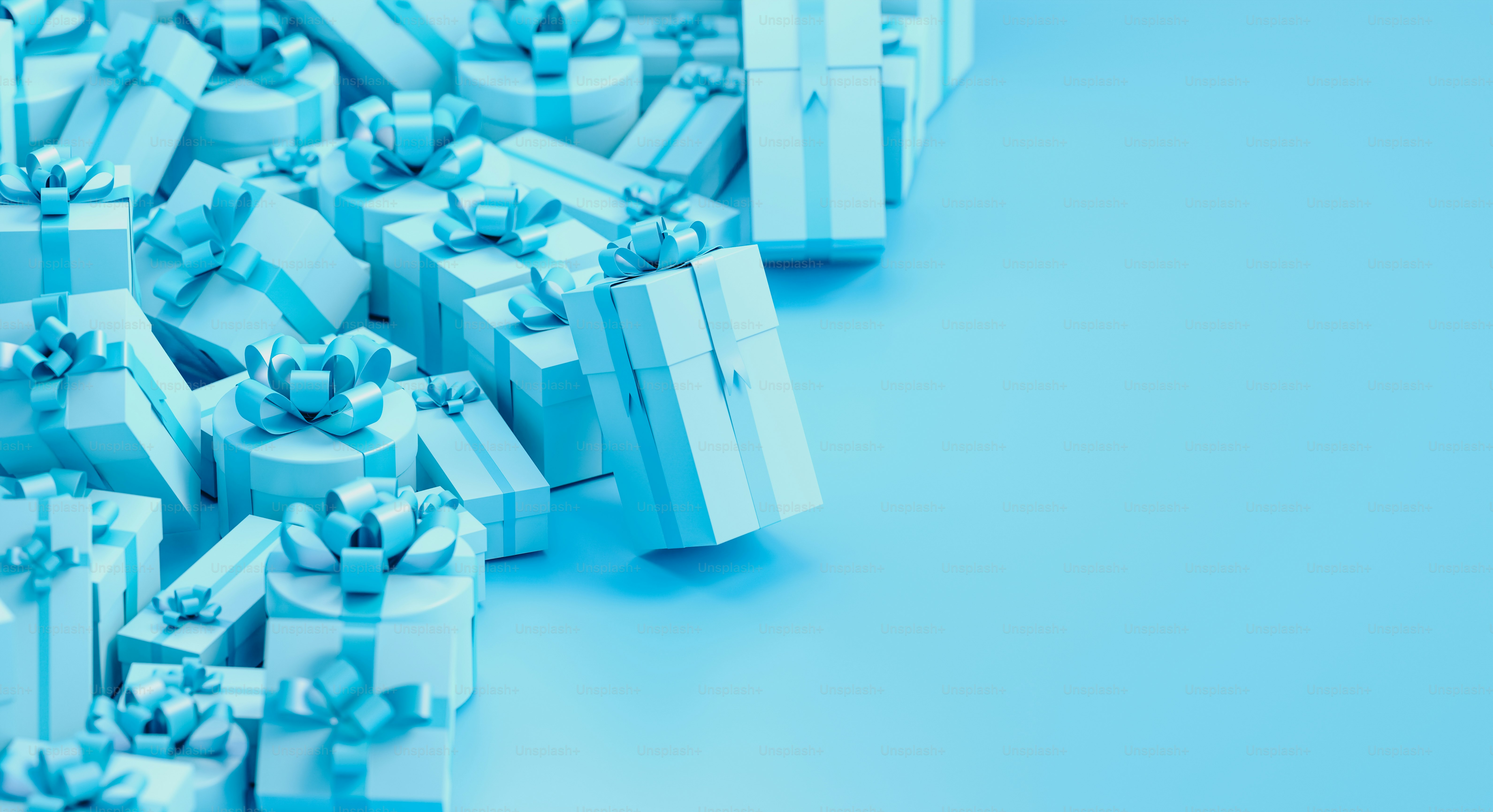 a lot of blue wrapped presents on a blue background