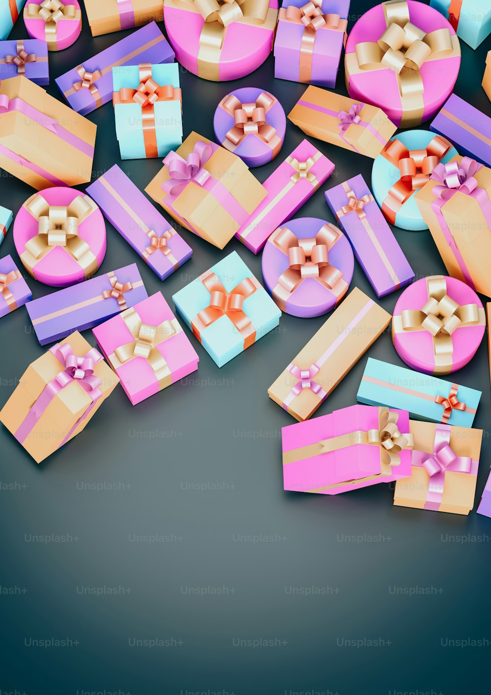 a pile of colorful boxes with bows on them