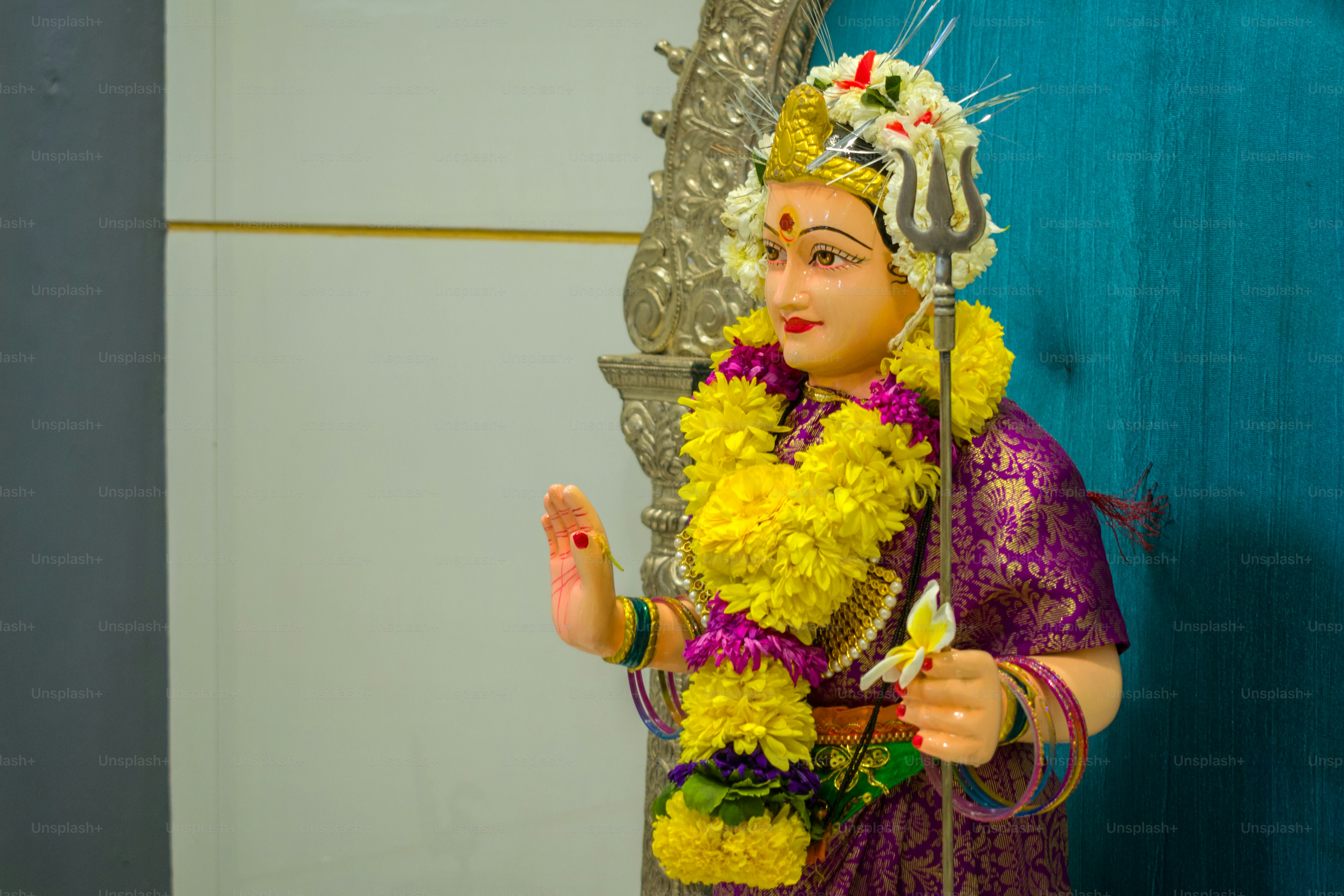 A beautiful idol of Maa Jarimari Devi being worshipped at a Hindu temple in Mumbai, India for the festival of Navratri or Durga Puja