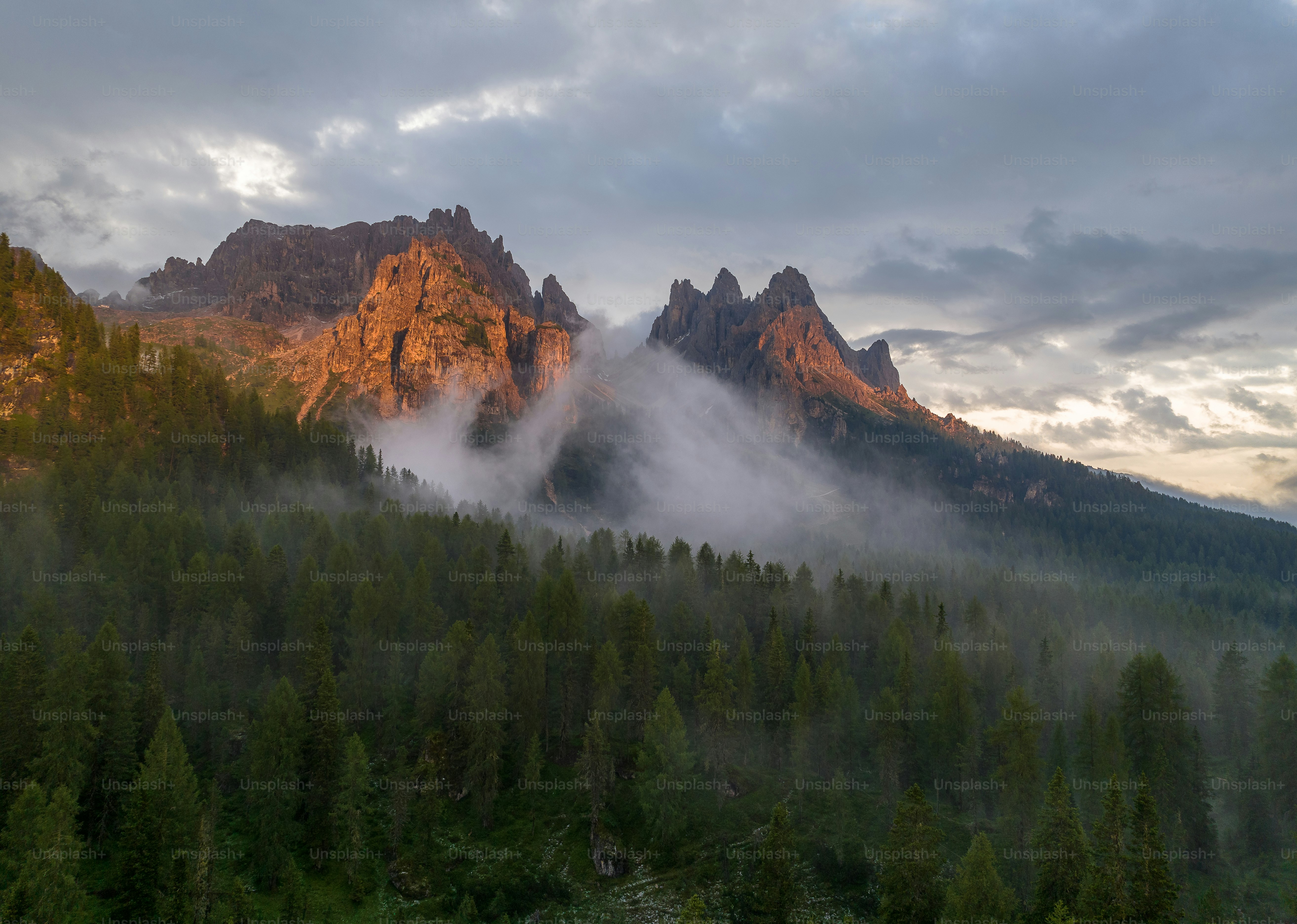 the mountains are covered in clouds and trees