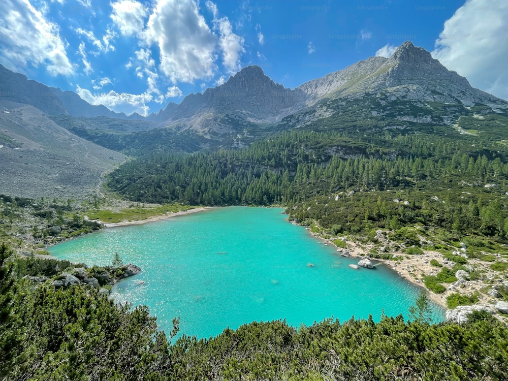 a blue lake surrounded by mountains and trees