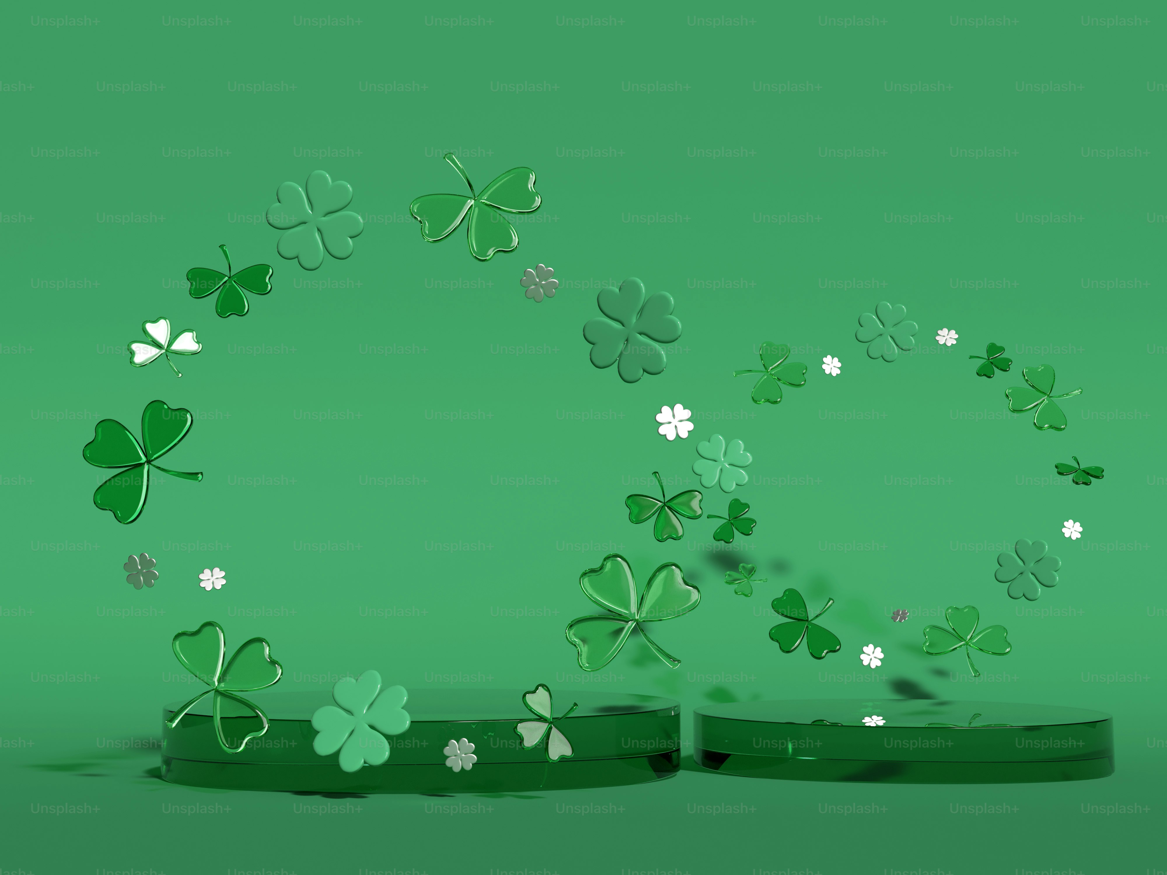 Eine Gruppe grüner Kleeblätter fliegt durch die Luft