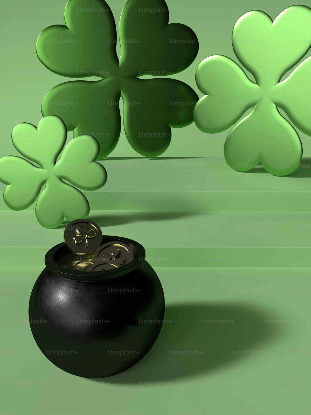 a pot of gold coins in front of a four leaf clover