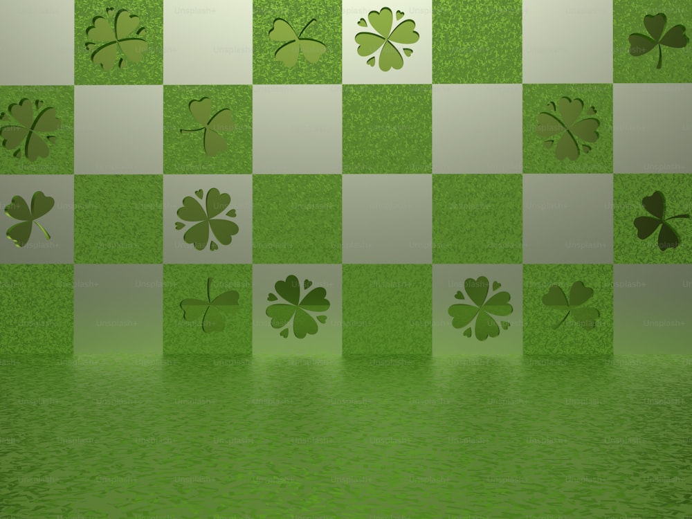 four leaf clovers on a green and white checkered background