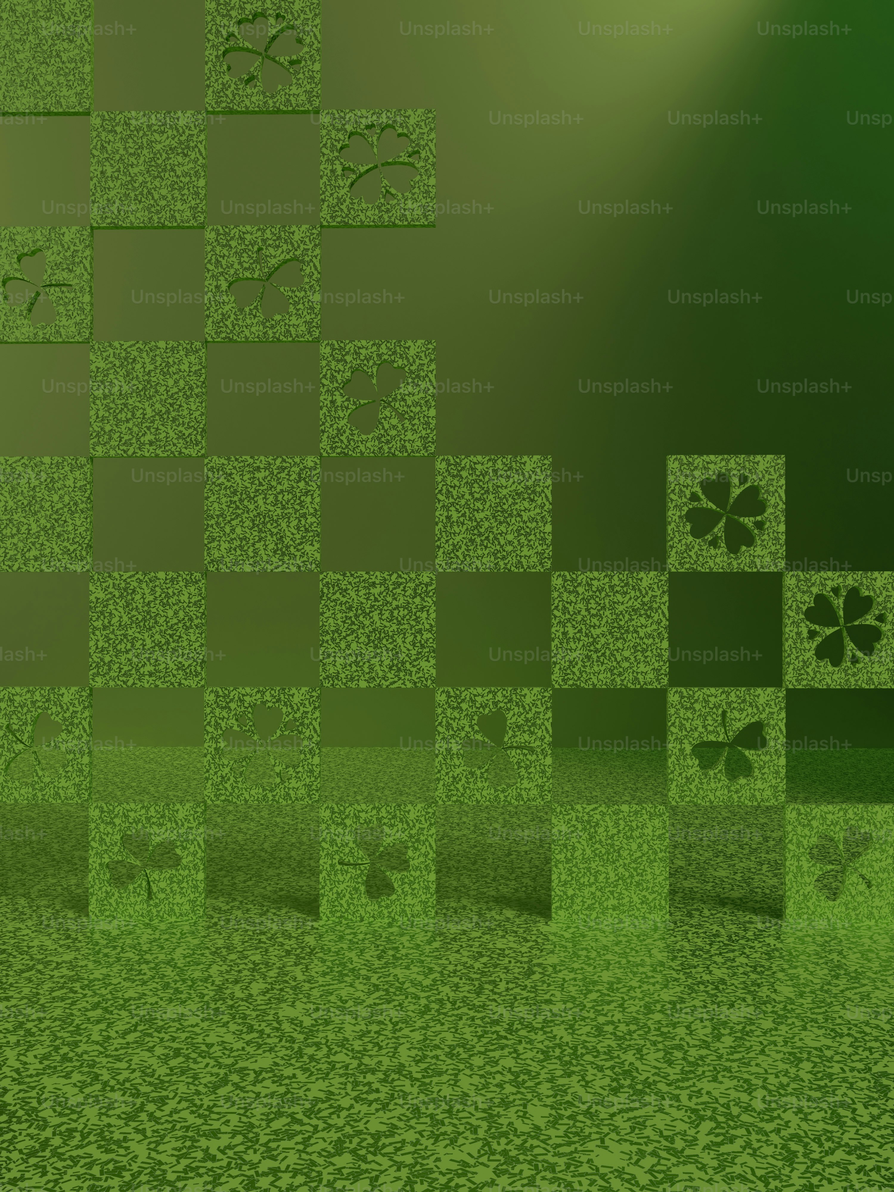 a green background with squares and clovers
