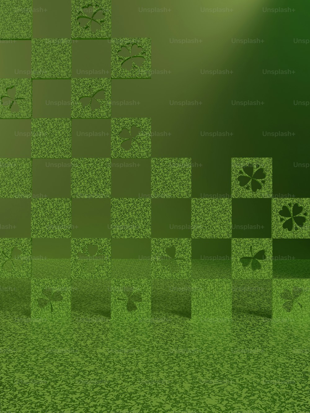 a green background with squares and clovers