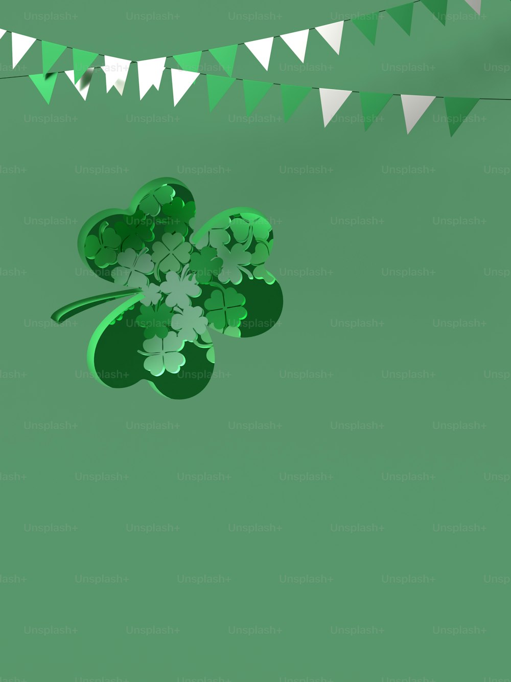 a green shamrock with bunting and bunting flags in the background