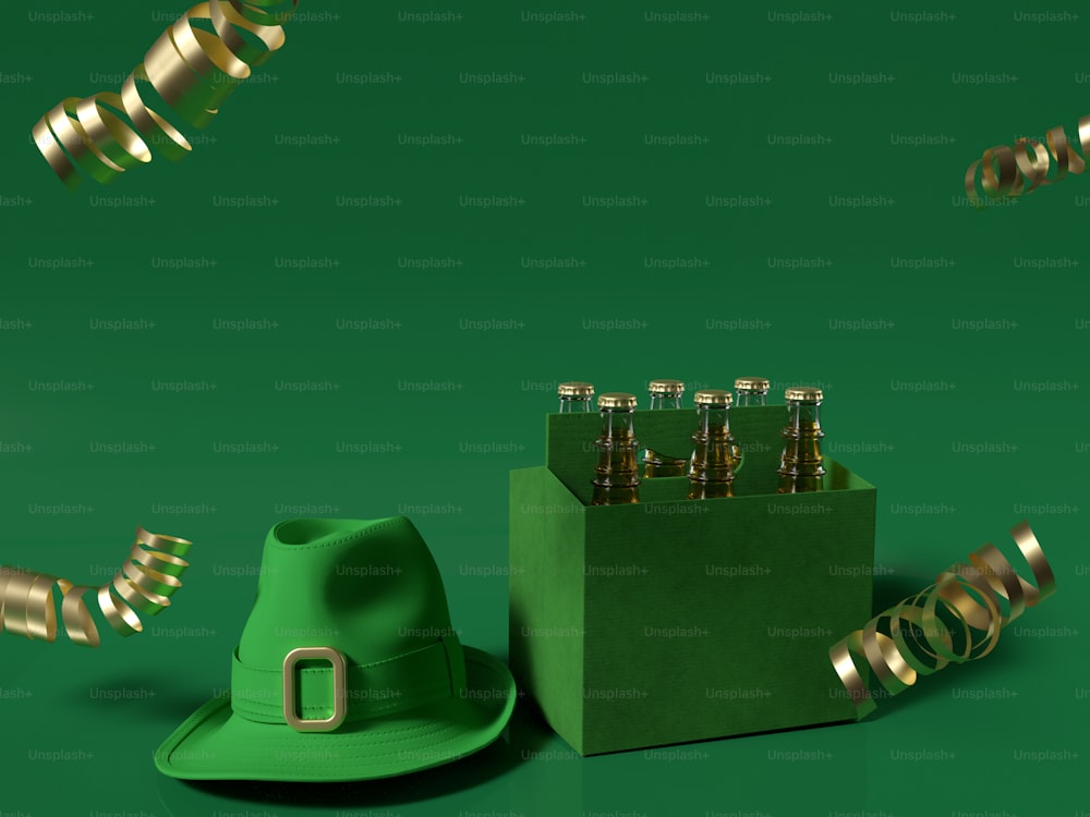 a green hat and a box of beer