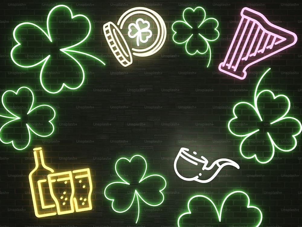 a circle of neon lights with shamrocks and a harp