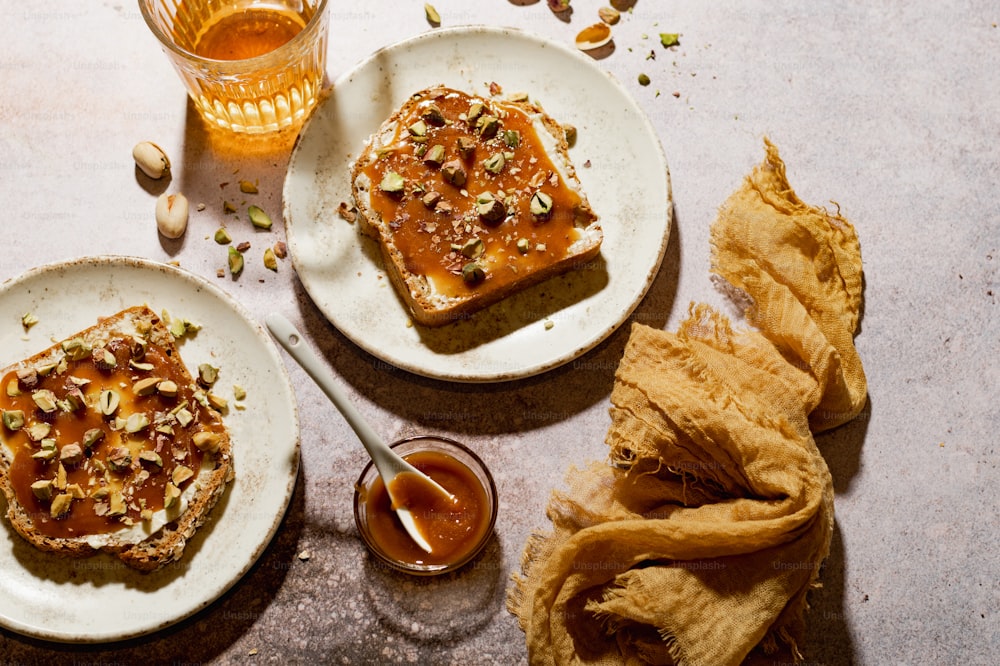 a couple of plates of food on a table