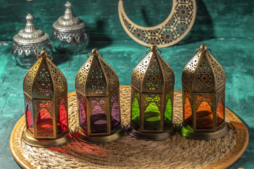 a group of colorful lanterns sitting on top of a table