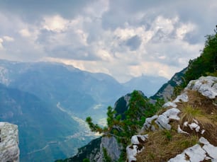 a view of a valley with mountains in the background