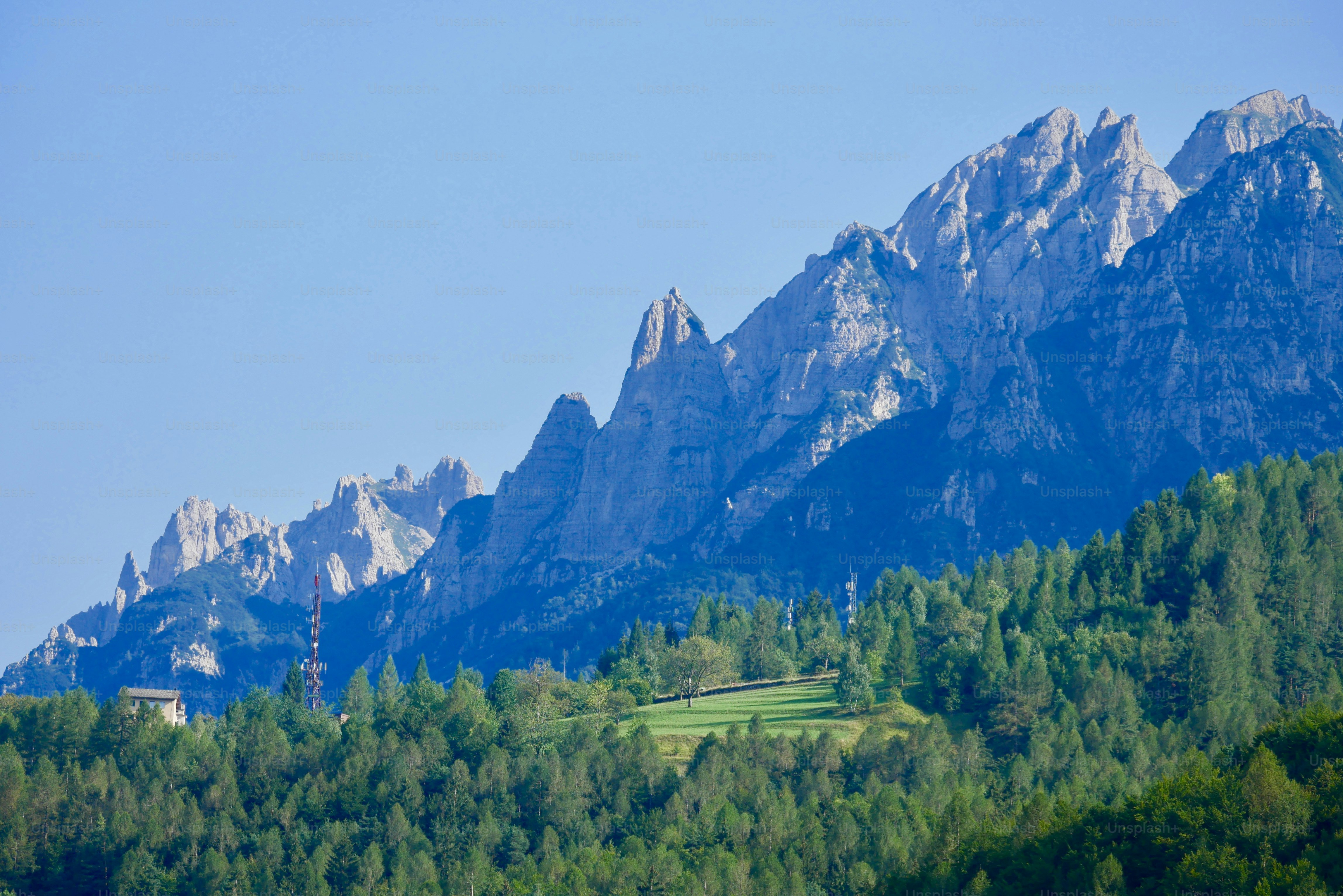 the mountains are covered in green grass and trees