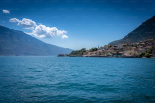 a body of water with houses on a hill in the background