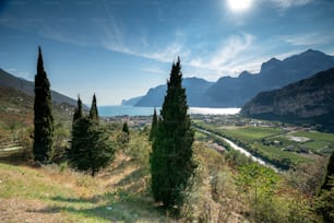 a scenic view of a valley with mountains in the background