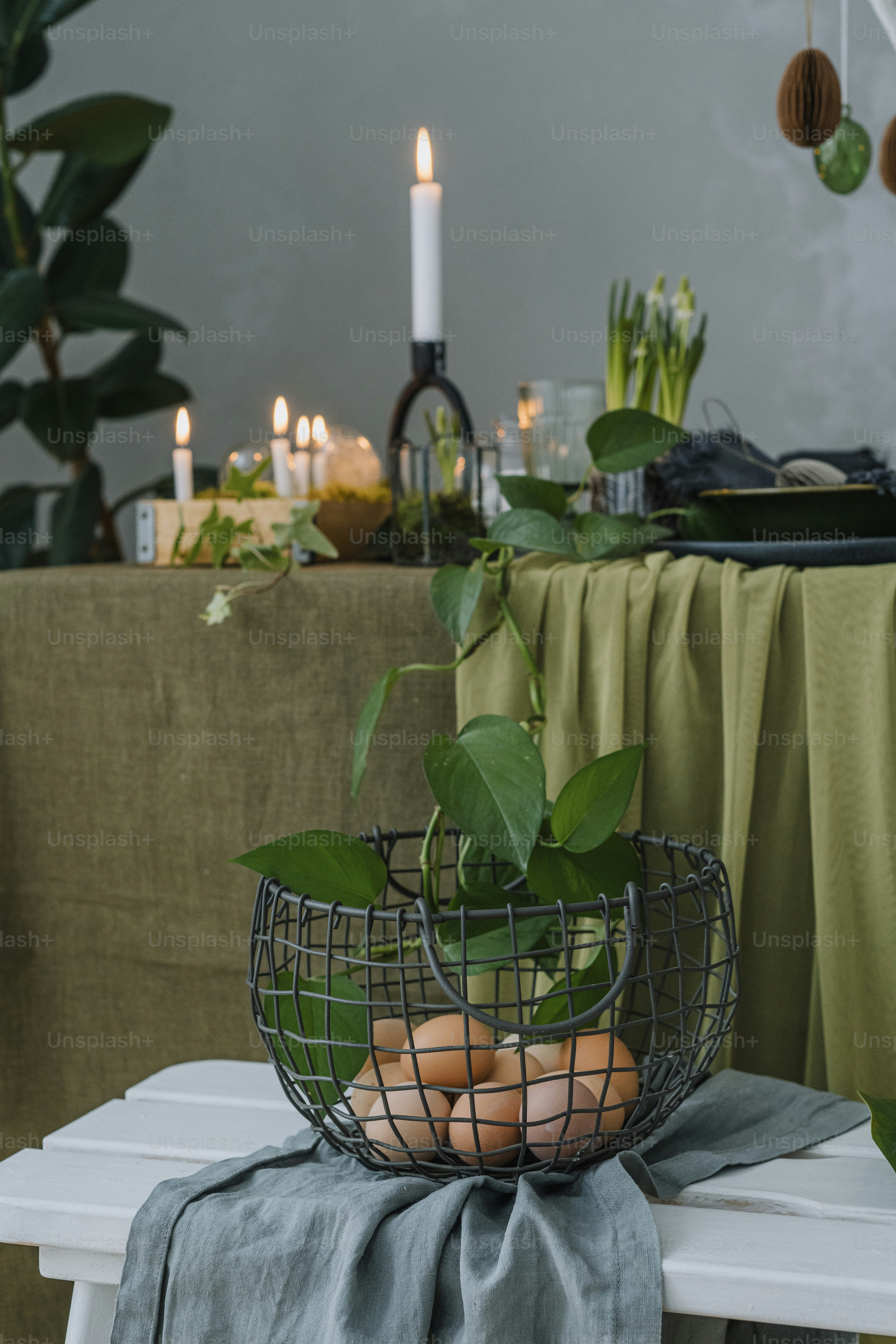 a basket of eggs sitting on a table