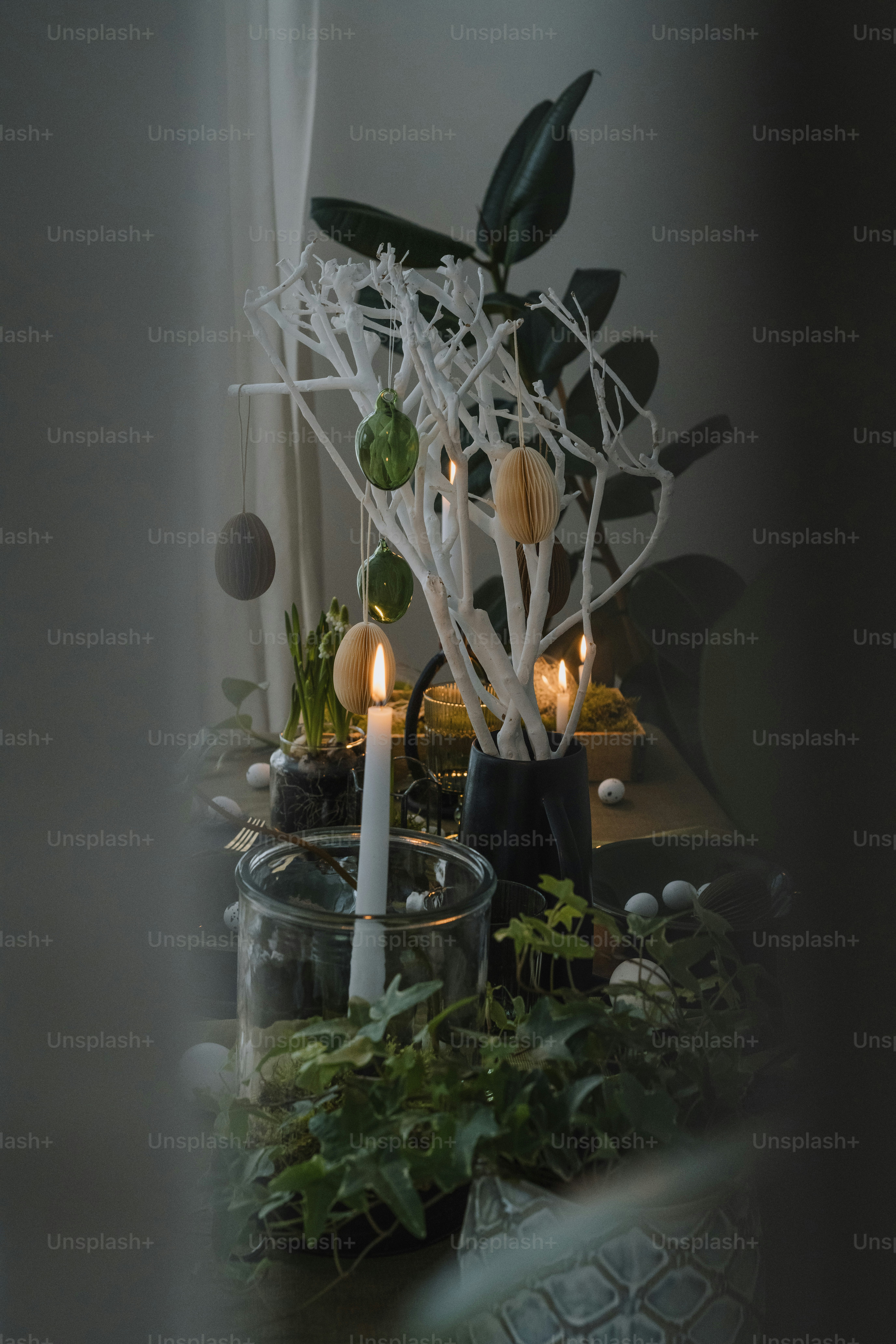 a candle and some plants on a table