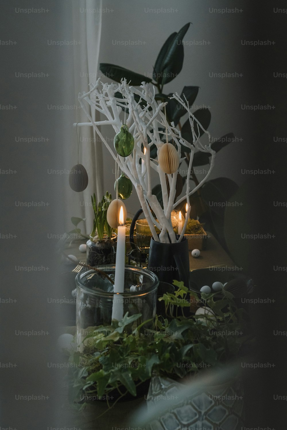 a candle and some plants on a table