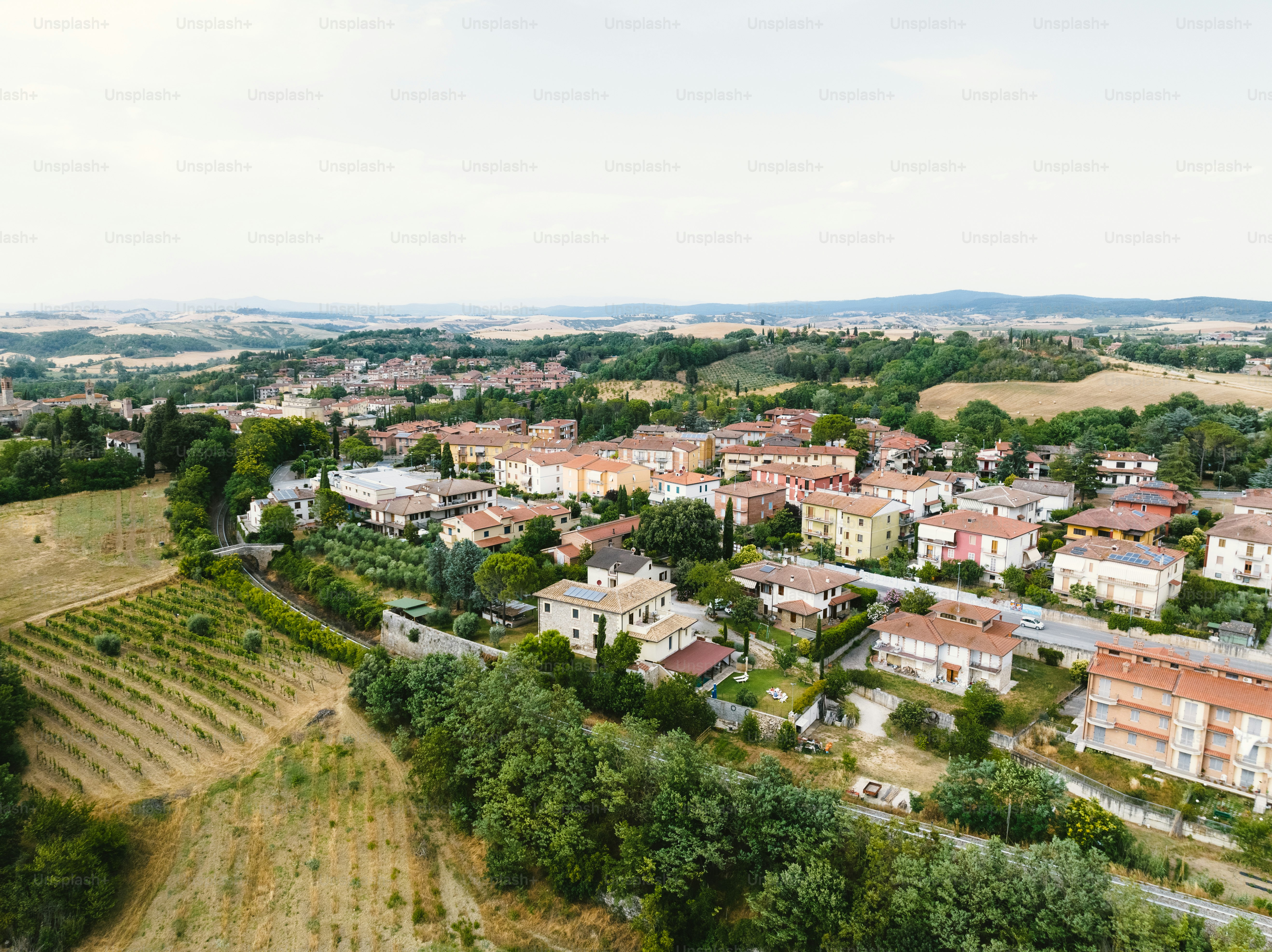 an aerial view of a small town surrounded by trees
