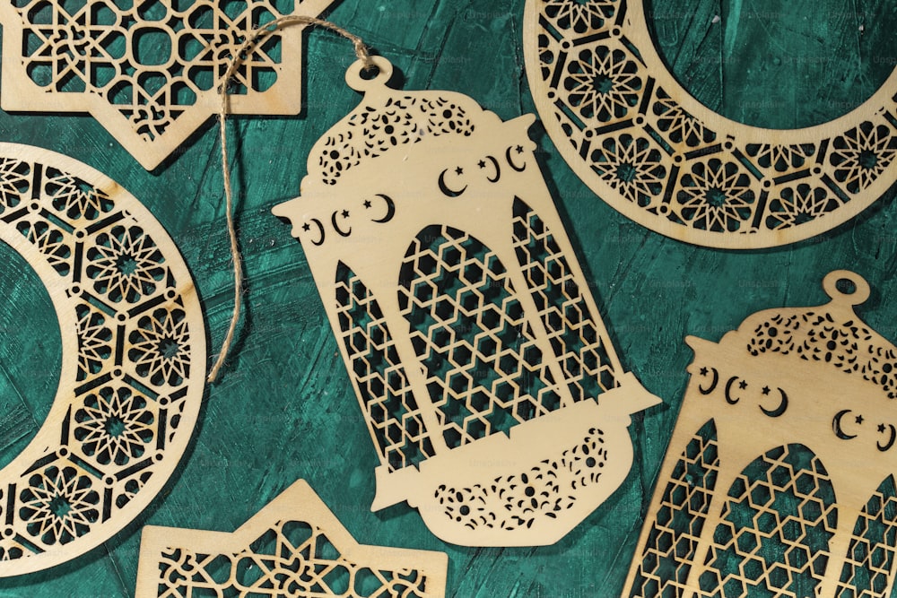 a close up of a number of ornaments on a table