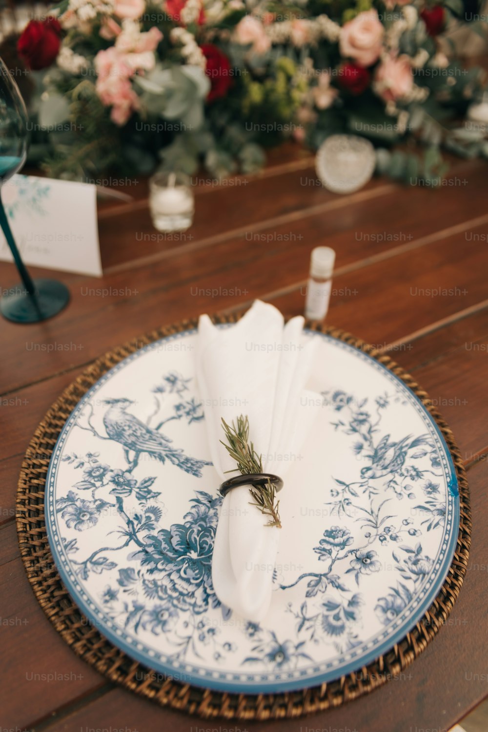 a blue and white plate with a napkin on it