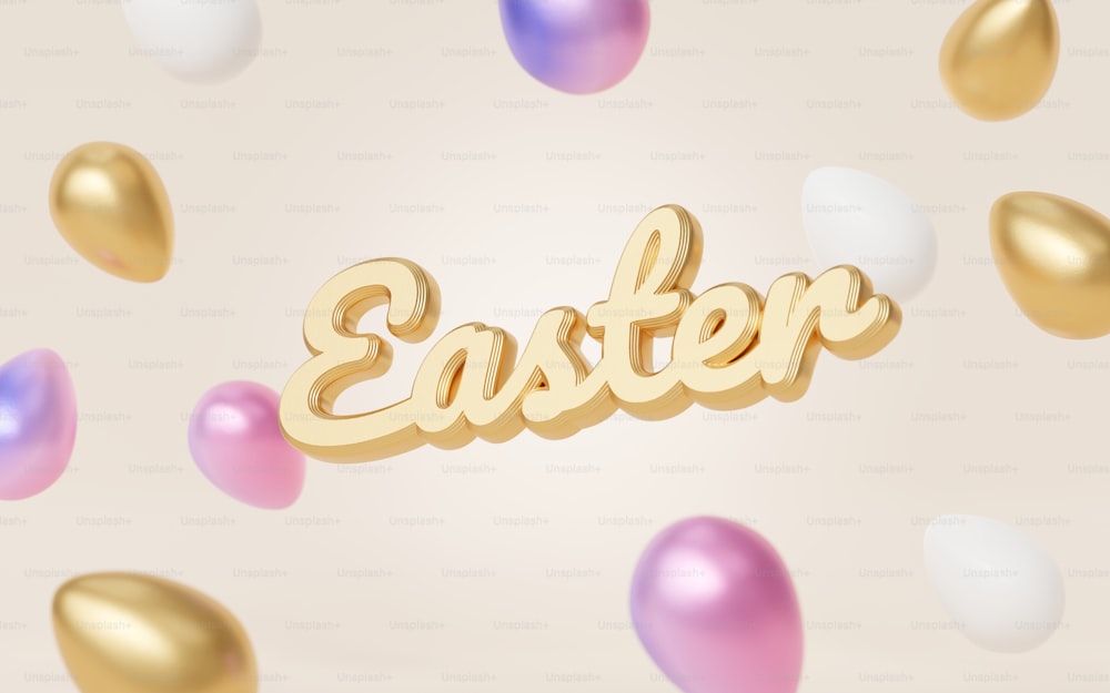 the word easter spelled with gold letters surrounded by balloons