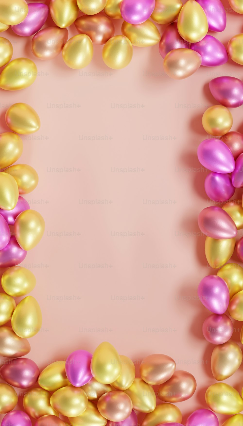 a pink and gold background with balloons in the shape of a rectangle