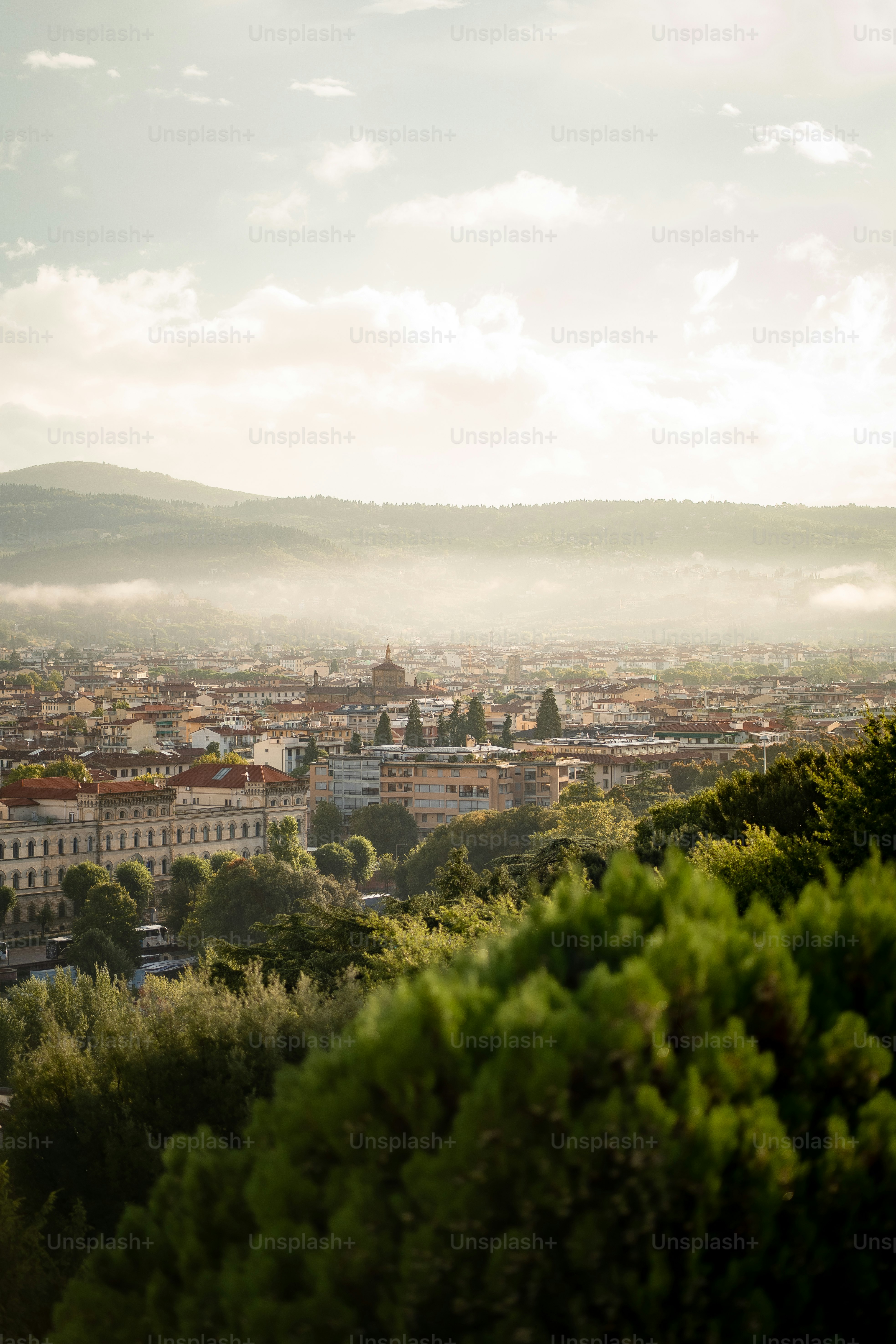 Una vista di una città da una collina