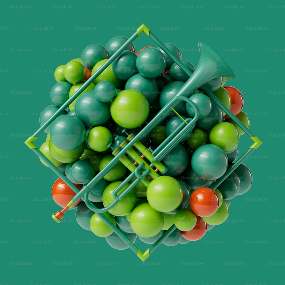 a bunch of green and orange balls and trombones