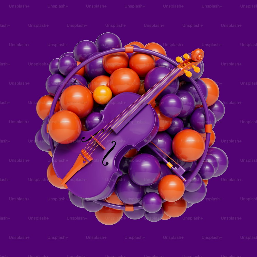 a purple violin surrounded by orange and purple balls