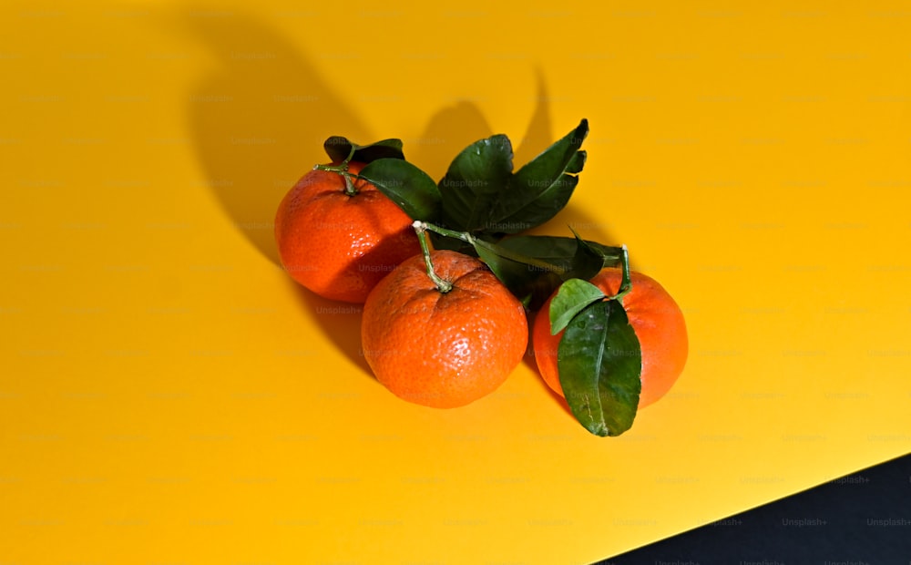 three oranges with leaves on a yellow background