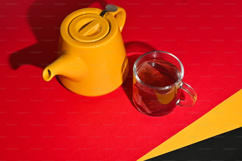 a yellow teapot next to a cup of tea