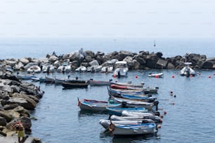 a group of boats sitting on top of a body of water