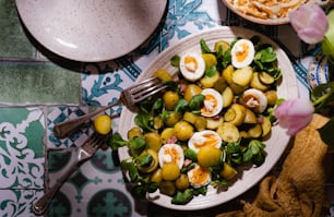 Un plato de comida con huevos y espinacas