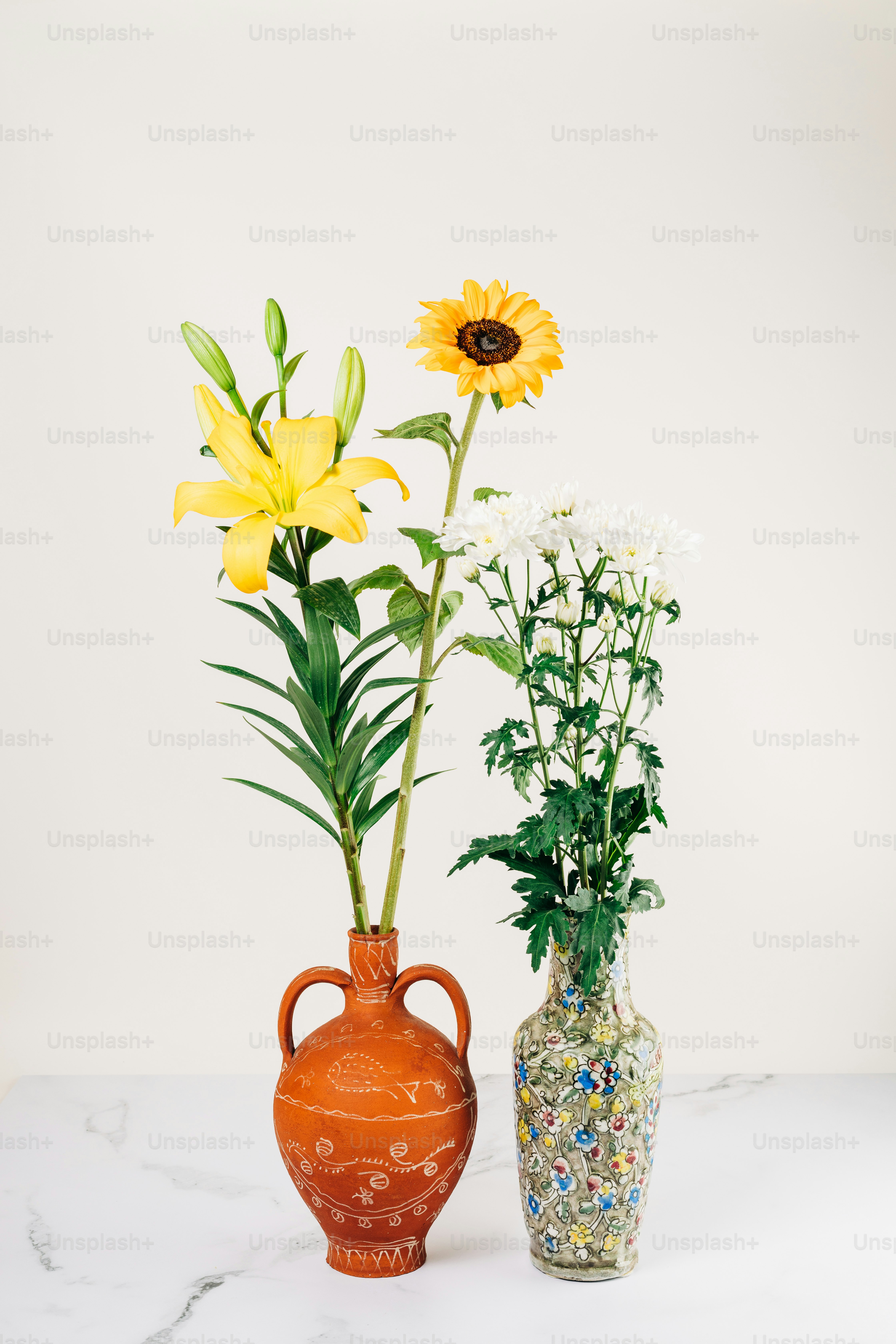 un par de jarrones que tienen flores en ellos