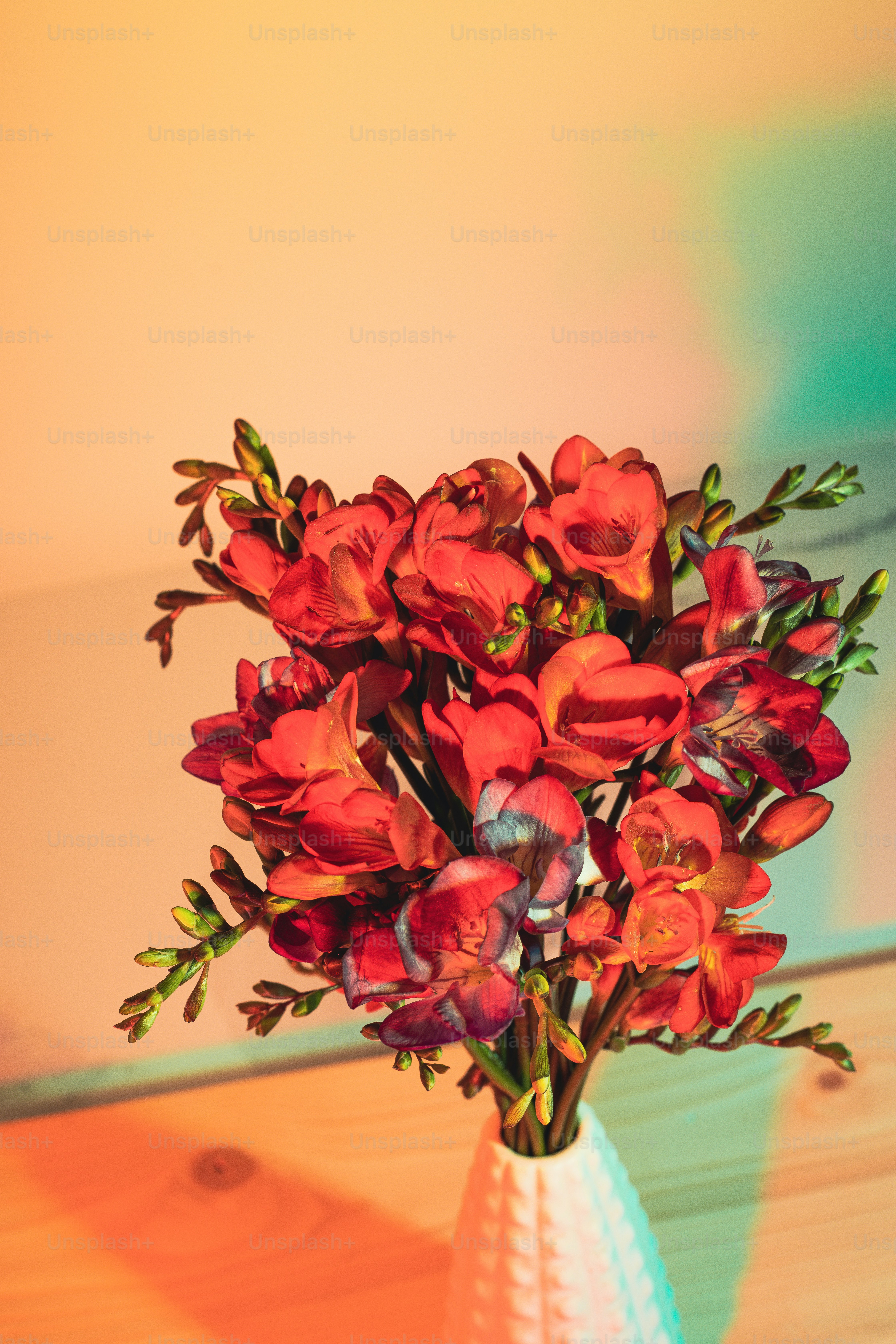 a white vase filled with red flowers on top of a table