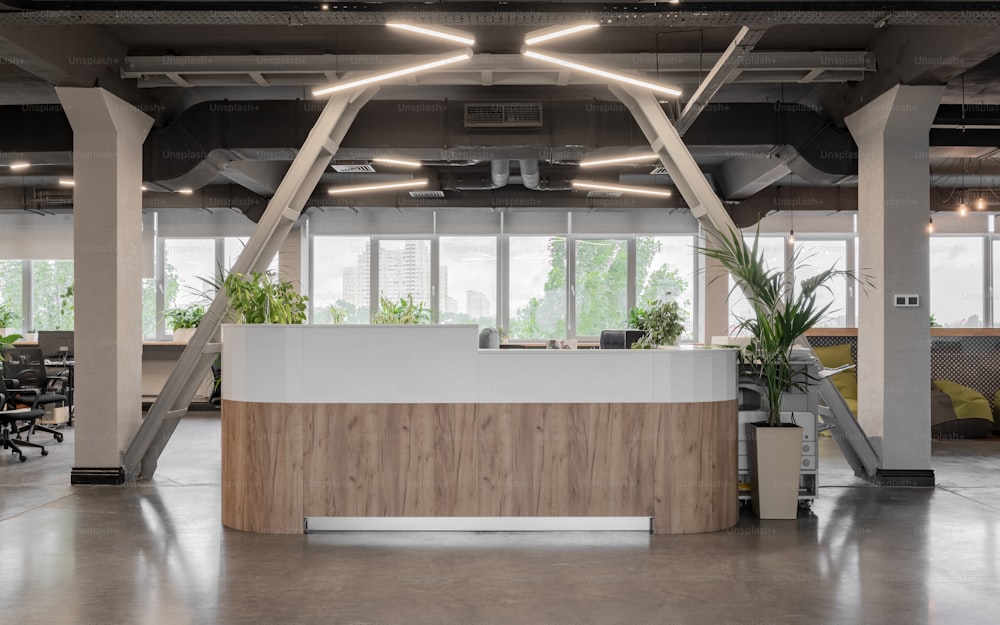 an office with a wooden reception counter