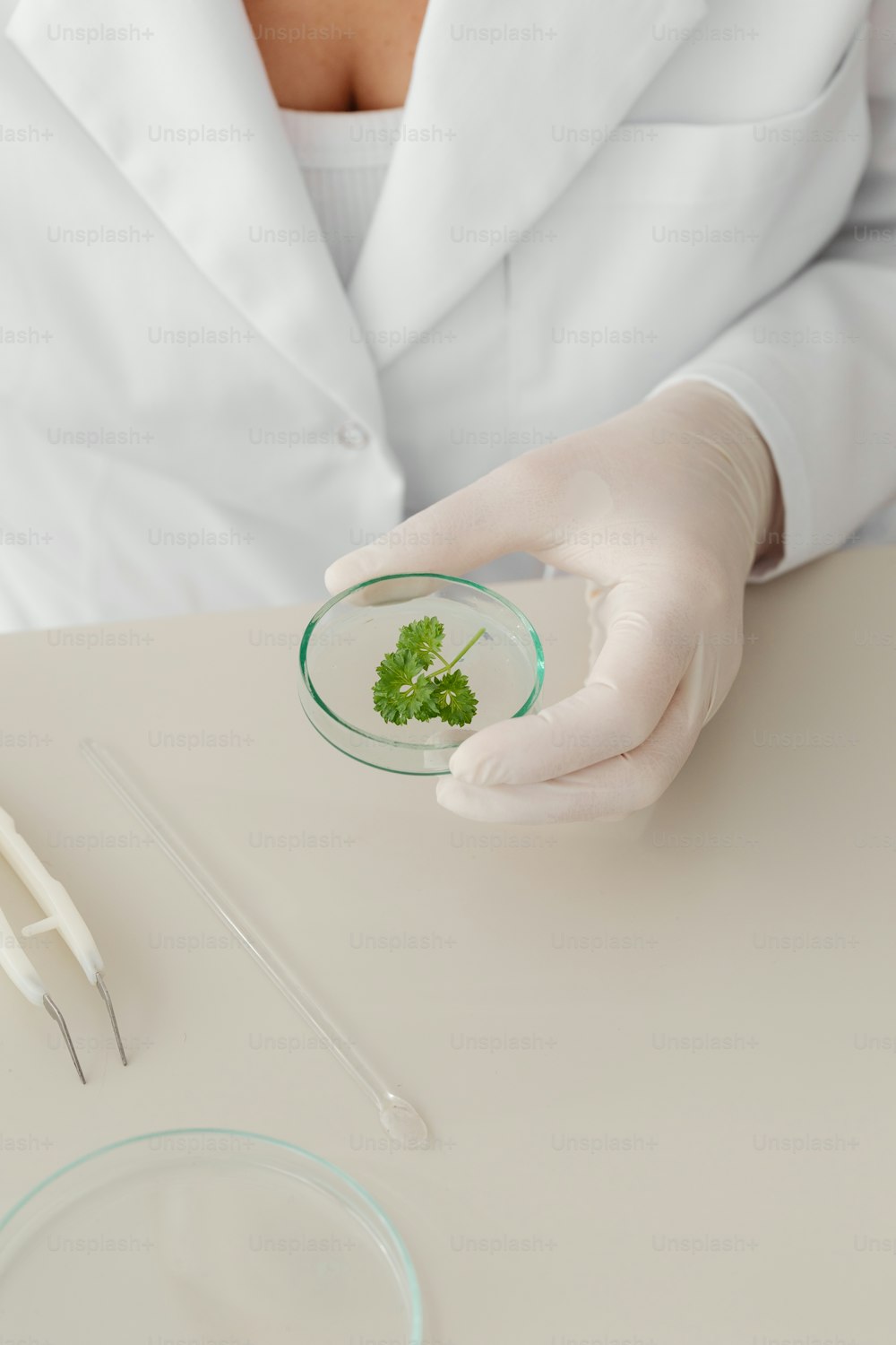 a person in a white lab coat holding a bowl with a green substance in it