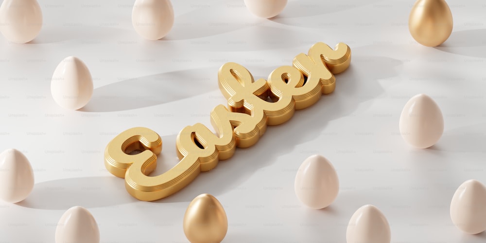 Le mot Pâques orthographié en lettres d’or entouré d’œufs