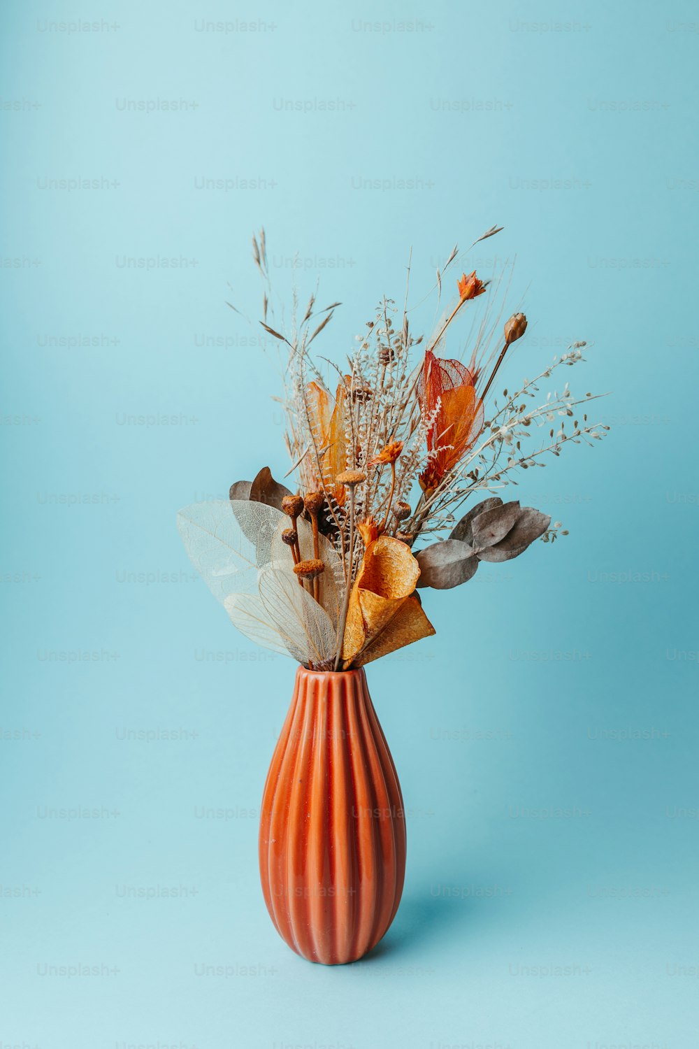 un vase rempli de fleurs séchées sur fond bleu
