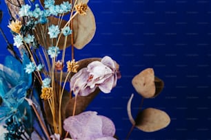 eine Vase gefüllt mit blauen und violetten Blumen