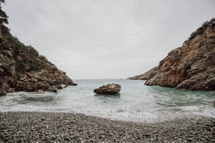 a body of water near a rocky shore