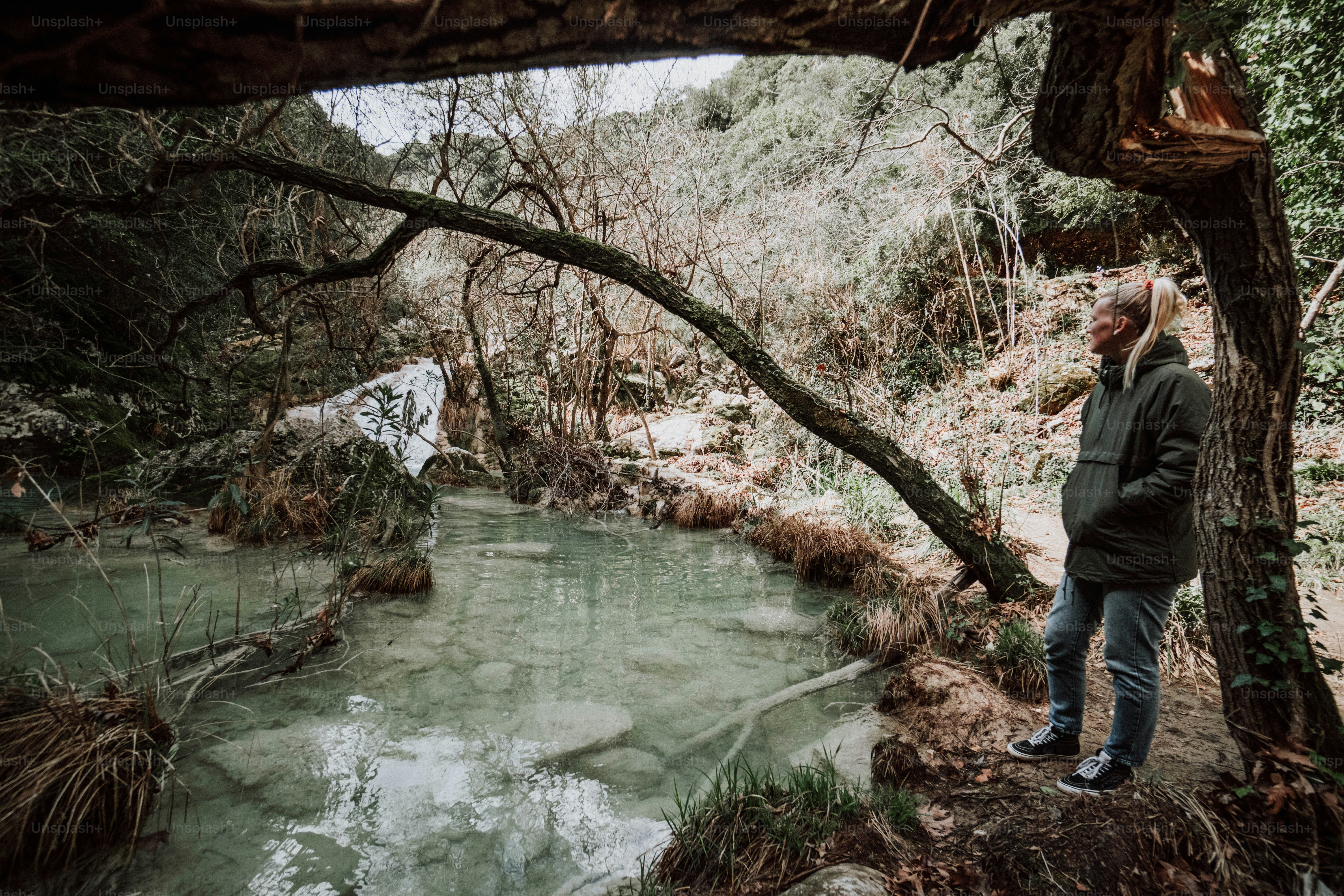 Ein Mann steht neben einem Fluss in einem Wald