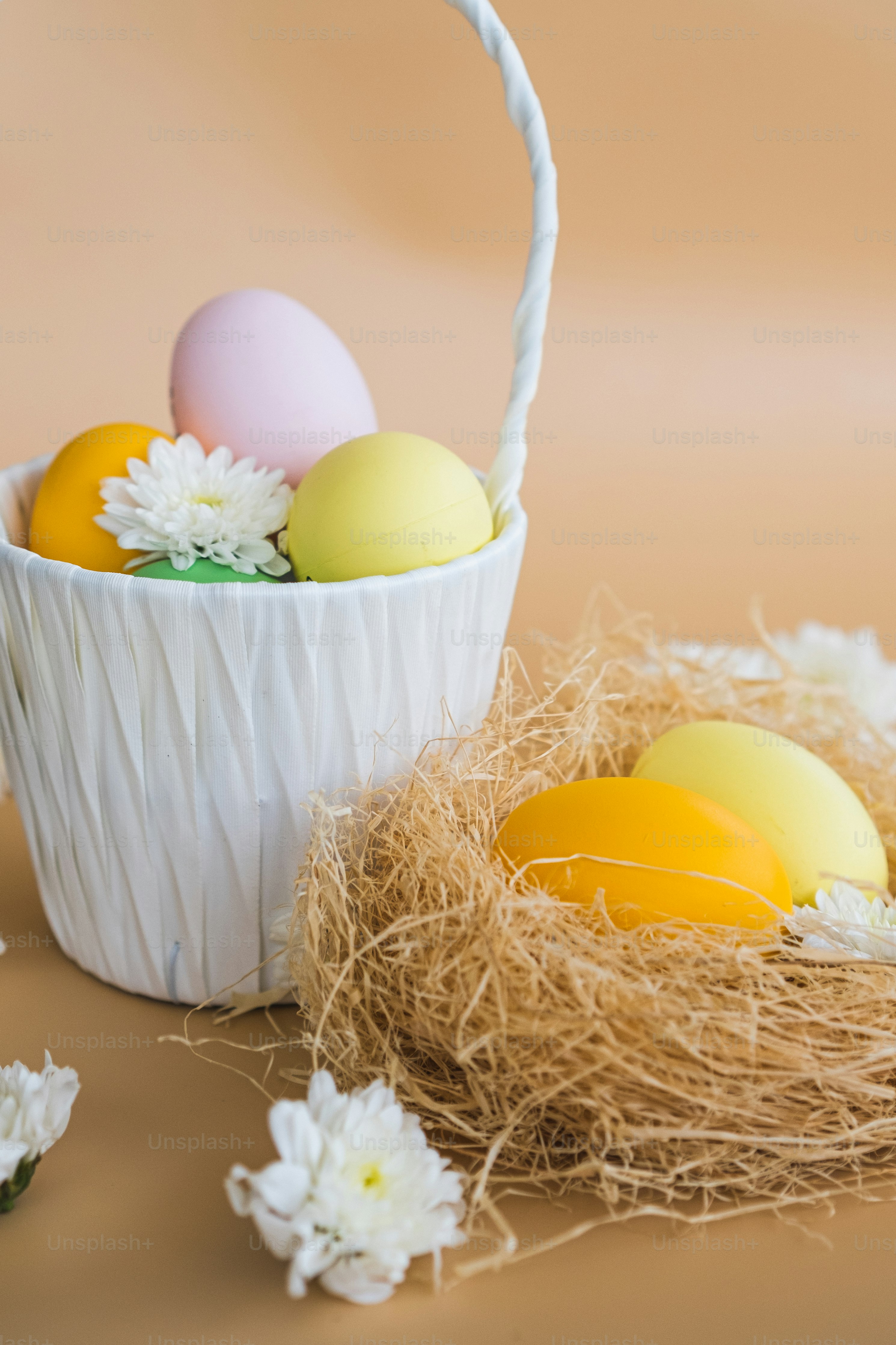 a basket filled with eggs sitting on top of a table