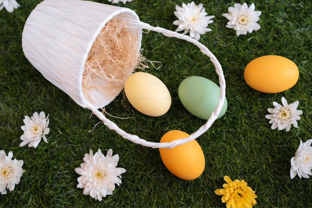 uma cesta cheia de ovos sentados em cima de um campo coberto de grama